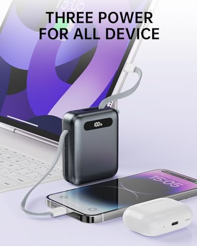 Portable Charger Power Bank, Ultra Mini 10000mAh Portable Charger with Built-in Cables, 35W Fast Charging Battery Pack, Travel Essential Compatible with iPhone 17 16 15 Samsung S22 S21 Google iPad etc - color: Grey