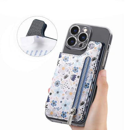 Stick on Wallet for Phone Case, Credit Adhesive Card Holder for Back of Phone Cases Flip Leather Zipper Flower Wallet Sleeve Compatible with iPhone, Samsung Galaxy Most Smartphones Blue - color: Flower Blue
