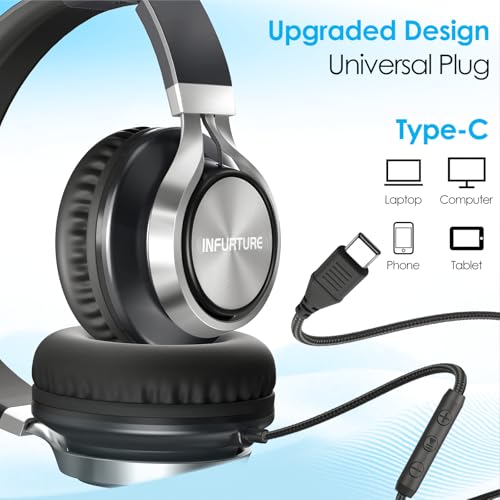INFURTURE USB C Headphone for Kids & Adults Over-Ear Headphone with HD Mic - color: Black