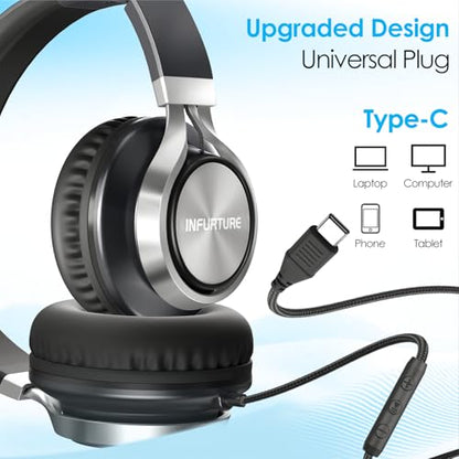 INFURTURE USB C Headphone for Kids & Adults Over-Ear Headphone with HD Mic - color: Black