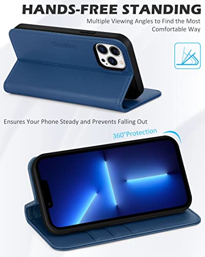 SHIELDON Genuine Leather Wallet Case for iPhone 13 Pro Max 2021, Royal Blue | RFID Blocking, Credit Card Holder, Magnetic Closure, Kickstand, Folio Design, Shockproof Phone Cover - color: Royal Blue