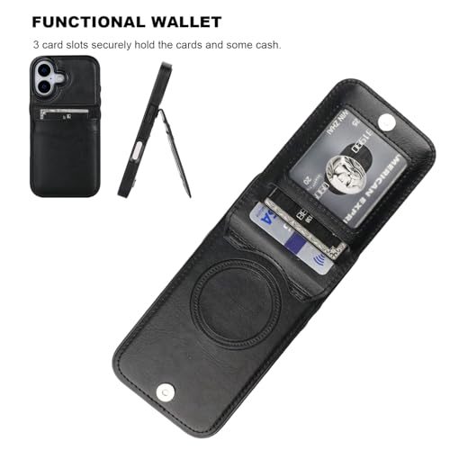 KIHUWEY for iPhone 17 Wallet Case Card Holder for MagSafe, Black | Wireless Charging, RFID, Flip PU Leather, Magnetic Clasp, Hands-Free Viewing Kickstand, Heavy Duty Protective Cover - color: Magsafe for Black
