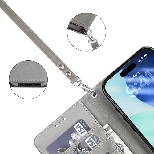 Bocasal Detachable Wallet Case Card Holder for iPhone 17 Pro, Grey | RFID Blocking Kickstand Card Slots Holder PU Leather Magnetic Shockproof Wrist Strap Removable Flip Protective Cover 6.3 inch - color: Gray