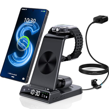 Wireless Charger for Samsung S25 with Clock 3 in 1 Android Charging Station - color: Black