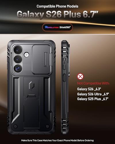 Poetic Revolution Case for Samsung Galaxy S26 Plus, [Slide Camera Cover], [20FT Mil-Grade Drop Tested], Full-Body Military Grade Rugged Dual-Layer Shockproof Cover with Kickstand, Black - color: Black, size: Galaxy S26 Plus