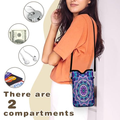 IRADA Neoprene Cell Phone Sleeve Pouch Case Bag with Crossbody Strap Neck Lanyard for Women Men 7.6 X 4.3 Inches-Purple Mandala Flower Shockproof Universal Phone Bag - color: Purple Mandala Flower-Phone Sleeve