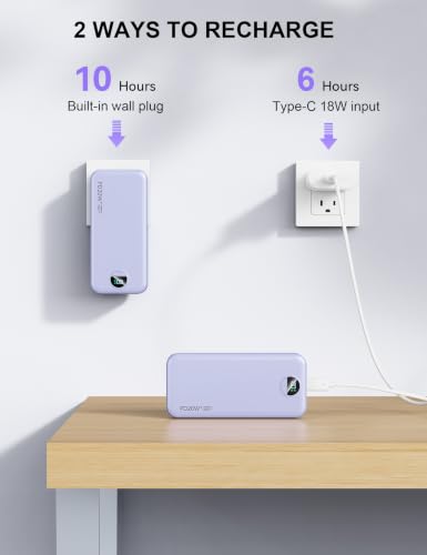 Nusyddy Portable Charger 20000mAh Fast Charging w/Built-in Wall Plug Purp. - color: Lavender