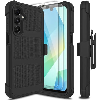 for Samsung Galaxy A16 5G Case with 2 Pack Tempered Glass Screen Protector, [Holster Series] Belt Clip Hard Tough Heavy Duty Rugged Shockproof Protective Cell Phone Case (Black) - color: Black