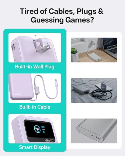 MOKiN 3-in-1 Power Bank,10000mAh 40W Portable Charger with Foldable Plug,Built-in USB-C Cable & LCD Display,Travel Essential Phone Fast Charging Battery Pack,for iPhone 17/16,Samsung etc (Purple) - color: Purple
