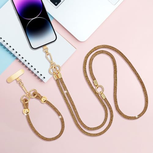 Crystal Phone Strap Crossbody and Wrist Lanyard, Anti Theft Layered & Wrist Strap Cell Phone Neck for Women - color: Brown