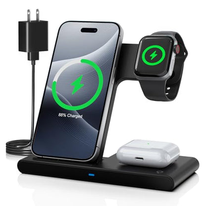 3-in-1 Wireless Charging Stand, Foldable Fast Charger for iPhone 17/16/15/14/13/12, for Apple Watch Ultra/SE/Series 11–2,for AirPods Pro 4/3/2, Desk & Travel & Nightstand & Office