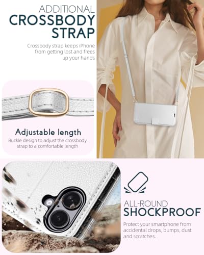 OCASE for iPhone 16 Wallet Case, PU Leather Crossbody Phone Case with Removable Shoulder Strap, Kickstand, RFID Blocking Card Slots, Flip Folio Phone Cover 6.1 Inch 2024, Silvery - color: Silvery, size: iPhone 16