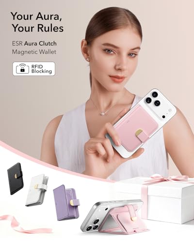 ESR Aura Clutch for MagSafe Wallet for Women, 5 Card Holder, RFID Blocking | MagSafe Sticker Included, Magnetic Wallet Stand for iPhone 17 Pro Max 17e 16 15 14 13 12 Series, Select Samsung Galaxy, Pink - color: Bubblegum Pink