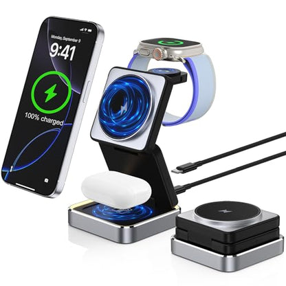 Wireless Charging Station 3 in 1 for Apple Devices, Foldable Magnetic MagSafe Charger Stand, Portable Fast Travel Charger for iPhone Duo/18 Pro Max/17 Air/16/15/14/13/12/11/Apple Watch Series/Airpods