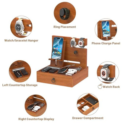 Wood Phone Docking Station, Nightstand Organizer with Drawer - color: Stylish Brown, size: Without charging station