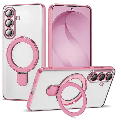 Compatible with Samsung Galaxy S26 Case with Magnetic Ring Stand [Compatible with Mag-Safe] [Full Camera Lens Protector] Plating Clear Phone Case for Galaxy S26 6.3", Pink - color: Pink, size: Samsung Galaxy S26