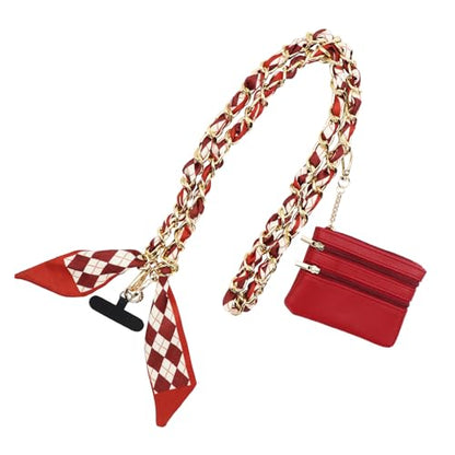Phone Silk Strap with Zippered Pouch，Fashion Gold Chain(red) - color: Red