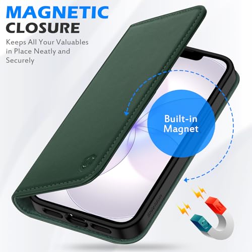 SHIELDON Genuine Leather Flip Wallet Case for iPhone 17e/16e, Evergreen | Magnetic Closure, RFID Blocking, Credit Card Holder, Viewing Stand, Foldable Design, Shockproof Protective Cover - color: Evergreen