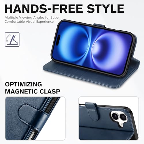TUCCH Case Wallet for iPhone 16 (6.1") 2024, RFID Blocking Folio, Dark Blue | 4 Card Holders, Kickstand, PU Leather, Magnetic Closure, Shockproof TPU Shell, Protective Flip Cover - color: Dark Blue