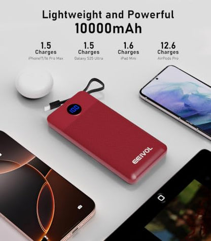 Portable Charger Built in 4 Cables, 10000mAh Power Bank, Red - color: Red