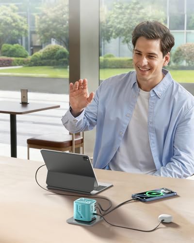 W & O 60W Gan Fast Charger Wall Plug, Built-in Retractable USB-C & L Cables - color: Blue