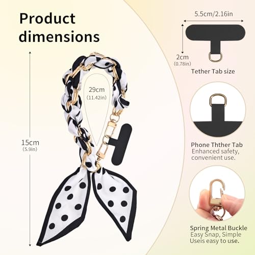 Phone Wrist Strap with Gold Metal Scarf and Universal Tether Tab, Aesthetic Print Design Ribbon Chain, Multi-Purpose Accessories for Bag Key Cellphone for Men Women Girls-Black Polka Dot - color: Black Polka Dot