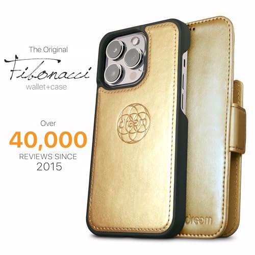 Dreem Vegan Leather Magnetic Detachable Wallet Case for iPhone 13 Gold | Built-in Phone Stand, RFID Blocking Card Holder Flip Cover, MagSafe Compatible, Gift Box [Fibonacci: Gold] - color: Gold, size: iPhone 13