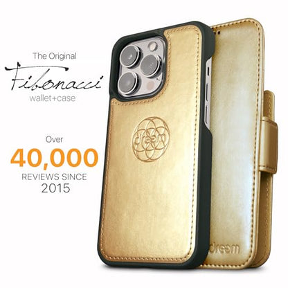 Dreem Vegan Leather Magnetic Detachable Wallet Case for iPhone 13 Gold | Built-in Phone Stand, RFID Blocking Card Holder Flip Cover, MagSafe Compatible, Gift Box [Fibonacci: Gold] - color: Gold, size: iPhone 13