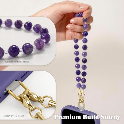 SURPHY Natural Stone Phone Charm, Beaded Phone Wrist Strap with Tether Tab - color: Amethyst