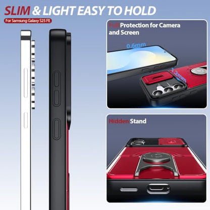 Dizn for Samsung Galaxy S25 FE Case:[Not Fit Samsung S25+] with Slide Camera Cover,360°Ring Stand,Lanyard,[2 Pcs] Explosion-Proof Film,Military-Grade Shockproof Protective,for Samsung S25 FE,Red - color: Red