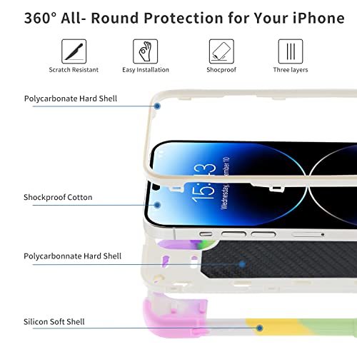 MARKILL Compatible with iPhone 14 Pro Case 6.1 Inch with Built-in Ring Stand, Military Grade Drop Protection Full Body Rugged Heavy Duty Case 3 in 1 Protective Durable Cover - color: Rainbow White, size: iPhone 14 Pro 6.1"