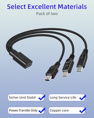 3 in 1 USB C Splitter Charge Cable, Type C Female to Micro USB and Mini USB and Type C Male Charging Cables,Multi USB-C Splitter Cable Only Support Charging(1FT/2 Pack)