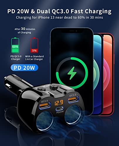 Cigarette Lighter Splitter, SUPERONE 180W 2-Socket Adapter with PD USB-C - color: Black