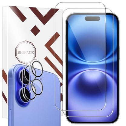 BIGFACE for iPhone 16 Screen Protector + Camera Lens Protectors, [2 + 2 Pack] Premium HD Tempered Glass, Anti-Bubble 3D Curved Accuracy Film For iPhone 16(6.1 Inch) - size: iPhone 16(6.1")