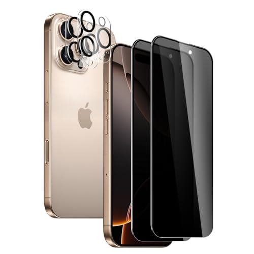 2 Pack Privacy Screen Protector for iPhone 16 Pro Max with 2 Pack Camera Lens Protector, 9H Hardness Double Shatterproof Anti-Spy Tempered Glass Film, Easy Installation - size: iPhone 16 Pro Max