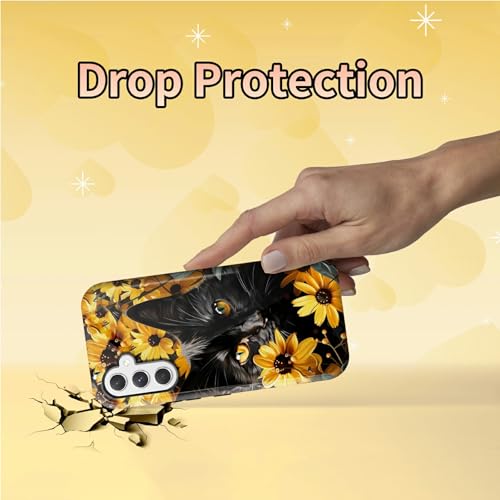 Black Cat Sunflowers Phone Case for Samsung Galaxy S25, Dual Layer Shockproof Rugged Cover with Soft TPU + Hard PC, Anti-Scratch Slim Fit Wireless Charging Compatible - color: Black Cat Sunflowers, size: 6.2" Galaxy S25