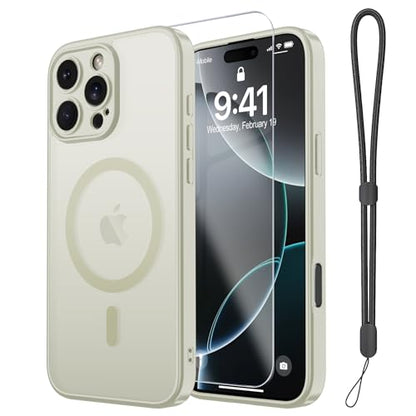 Magnetic Case for iPhone 16 Pro Case with Screen Protector+Wrist Strap | Compatible with MagSafe,Full Camera Protection,Slim Translucent Matte Phone Cover,White - color: White