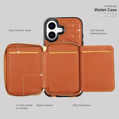 Bocasal Crossbody Wallet Case Card Holder for iPhone 17, Brown | RFID Blocking PU Leather Zipper Handbag Purse, Kickstand Flip Folio Case with Card Slots Holder Wrist Strap Lanyard 6.3 Inch - color: Brown