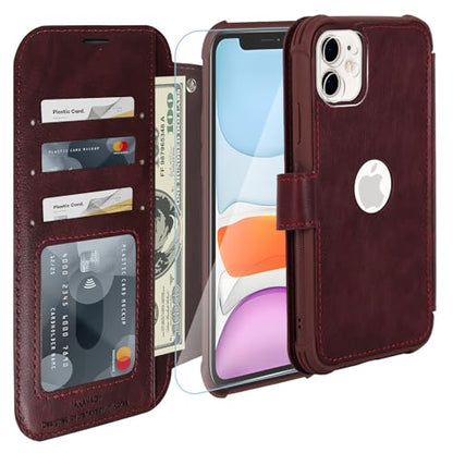 VANAVAGY Wallet Case for iPhone 11 6.1 inch, Burgundy | 12ft Drop-proof Cover for Women Men, Silm PU Leather, RFID Blocking Card Holder, Wrist Strap, Screen Protector - color: Burgundy