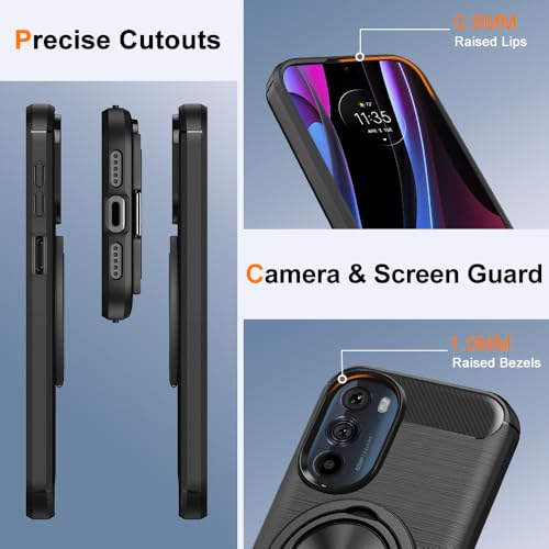 Compatible for Motorola Edge Plus 2022 / Edge Plus 5G UW 2022 Case with Screen Protector, 360° Rotatable Ring Holder & Kickstand, Flexible TPU Rubber Carbon Fiber Jacket Protective Cover Case (Black) - color: Moto Edge plus 2022 Black