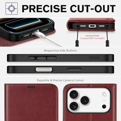 TUCCH Case Wallet for iPhone 17 Pro Max 6.9", RFID Blocking Folio, Dark Red | 4 Card Holders, Kickstand, PU Leather, Magnetic Closure, Shockproof TPU Shell, Protective Flip Cover - color: Dark Red