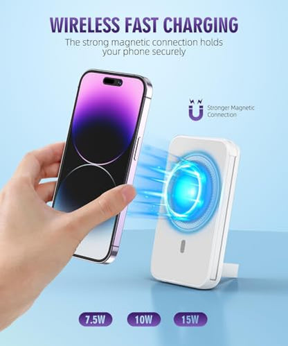 for Magnetic Power Bank, 6800mAh Wireless Portable Charger with PD30W Fast Charging, Battery Pack Built-in 2 Output Cables for iPhone Series(Silver White) - color: Silver White