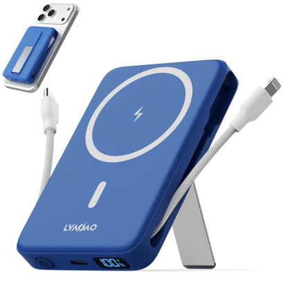 Magnetic Portable Charger 10000mAh, 22.5W Power Bank with Built in Cable - color: blue
