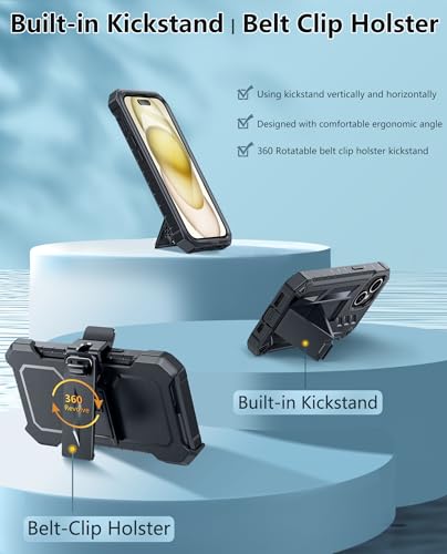 FNTCASE for iPhone 15/14/13 Case, with Belt Clip, Built-in Screen Protector | Rugged Kickstand, 20FT Military-Grade Drop Protection, Heavy Duty Shockproof Holster, Full Protective Phone Cover, Orange - color: T-Black