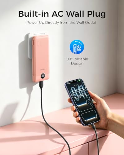 VEGER Portable Charger for iPhone, Power Bank Built in Cables and Wall Plug - color: F Dark Pink