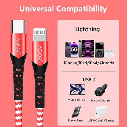 AGOZ 2 Pack RED Apple MFI Certified Lightning to USB C Cable, Braided Fast Charger Cord Compatible with iPhone 14 Pro Max, 14 Plus, 13, 12, 13 Mini iPhone SE, iPhone 11 XR X XS 8 7 6 5 (10ft)