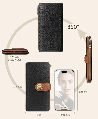 GIANCOMICS Black Caramel Womens Wallet RFID, Long Credit Card Holder Bifold | Billfold, Cute Cash Purse, Travel Zipper Coin Pocket, Compact Clutch, PU Leather, ID Window, 11 Card Slots, Ladies Gift Woman - color: A Black and Pumpkin