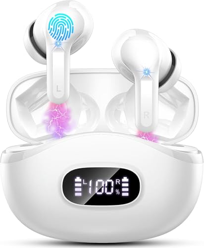 Wireless Earbuds, 2025 Bluetooth 5.4 Headphones Bass Stereo, Ear Buds with 4 Mics ENC Noise Cancelling, Bluetooth Earbuds 48H Playtime LED Display Charging Case, IP7 Waterproof in Ear Earphones white - color: White