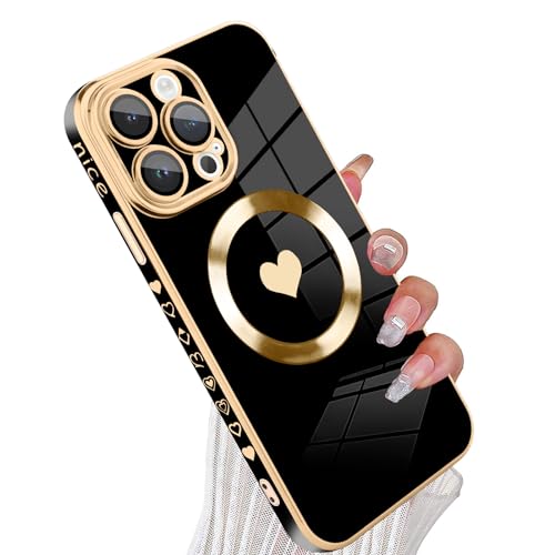 tharlet Magnetic for iPhone 12 Pro Max Case Cute Love Heart Luxury Plating | [Compatible with Magsafe] with Full Camera Lens Protection and screen protector, Gift giving & daily matching Black - color: Black Love Heart, size: iPhone 12 Pro Max