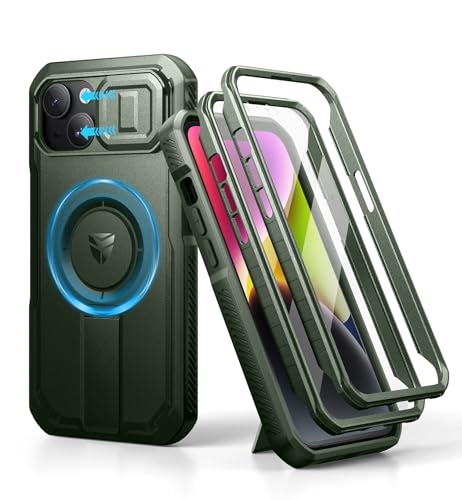 Dexnor for iPhone 13/iPhone 14 Case with Slide Camera Cover & Adjustable Kickstand & Built-in Screen Protector, Magnetic Rugged Shockproof Bumper Cases Heavy-Duty Magnetic Protective Cover,Army Green - color: Army Green, size: IPhone 13/14